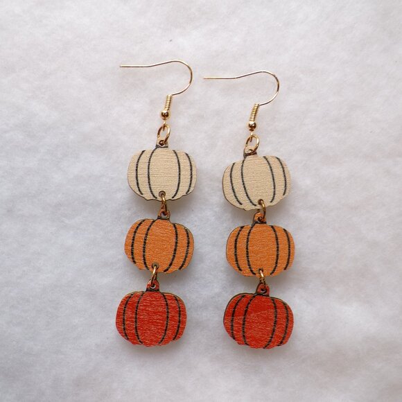 Fall Pumpkin Wood Dangle Earrings Halloween Thanksgiving - Picture 5 of 5